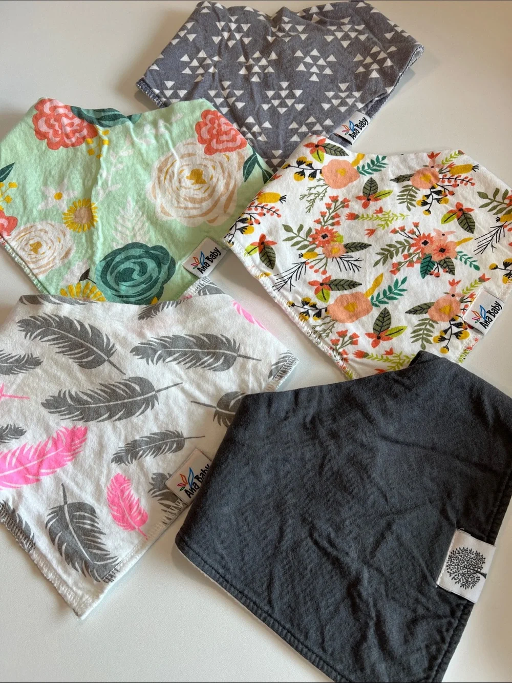 Ana Baby Bandana Bib Set in Charcoal, Gray, Mint & Coral - 5 pc